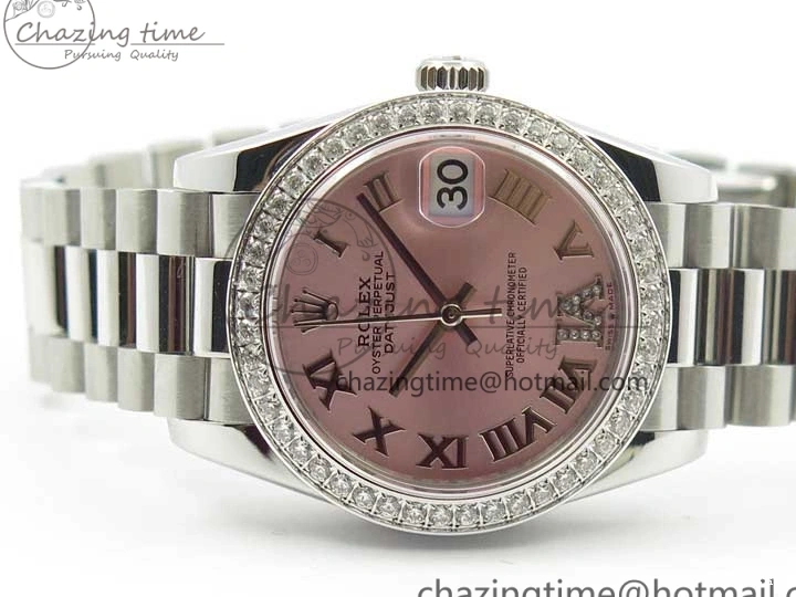 MiroTime 0402 Datejust 31mm 278275 SS Crystal Bezel BP Maker Best Edition Pink Roman Dial Crystal @6 on SS President Bracelet Contemporary 3082